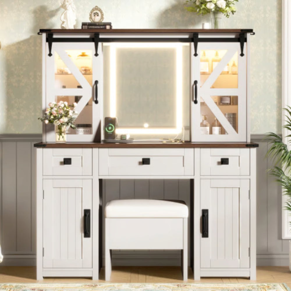 43.3" Beige Farmhouse Makeup Vanity โ LED Mirror, Storage Stool & Charging Port-OUCH CART |Dressing table