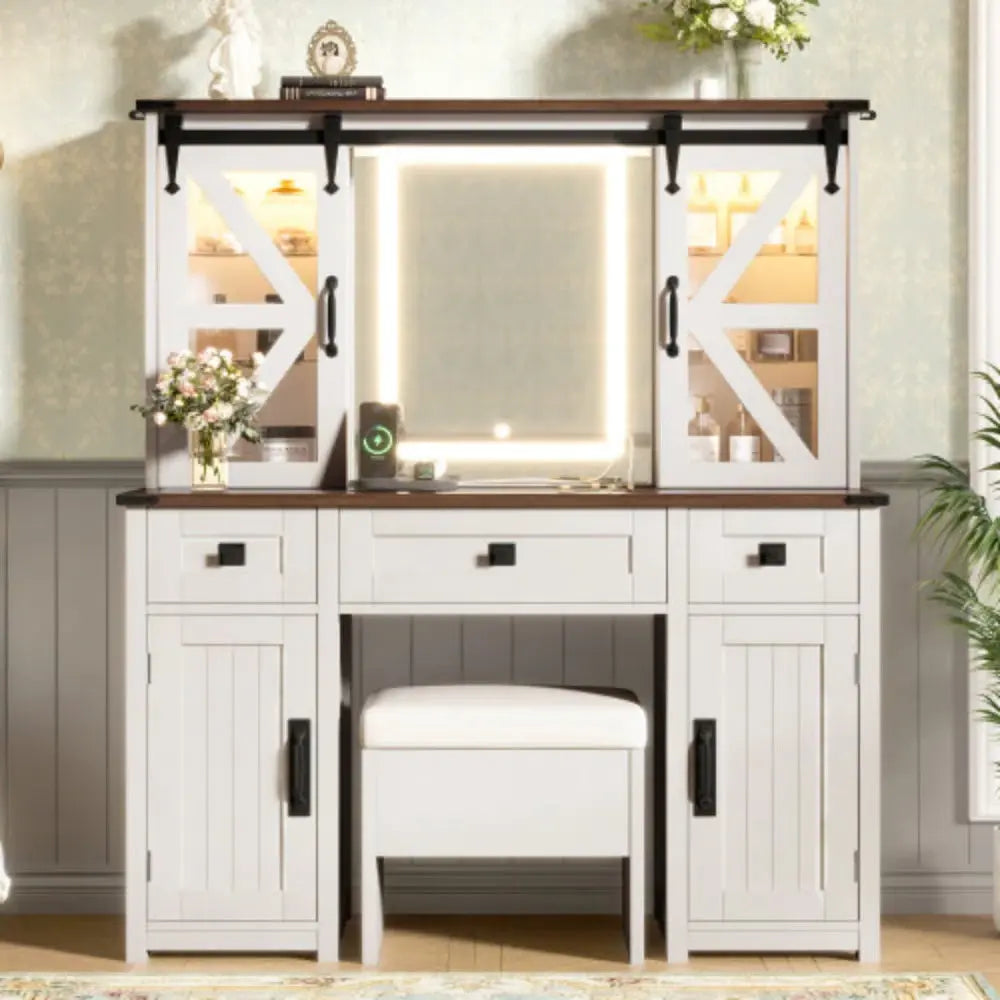 43.3" Beige Farmhouse Makeup Vanity โ LED Mirror, Storage Stool & Charging Port-OUCH CART |Dressing table