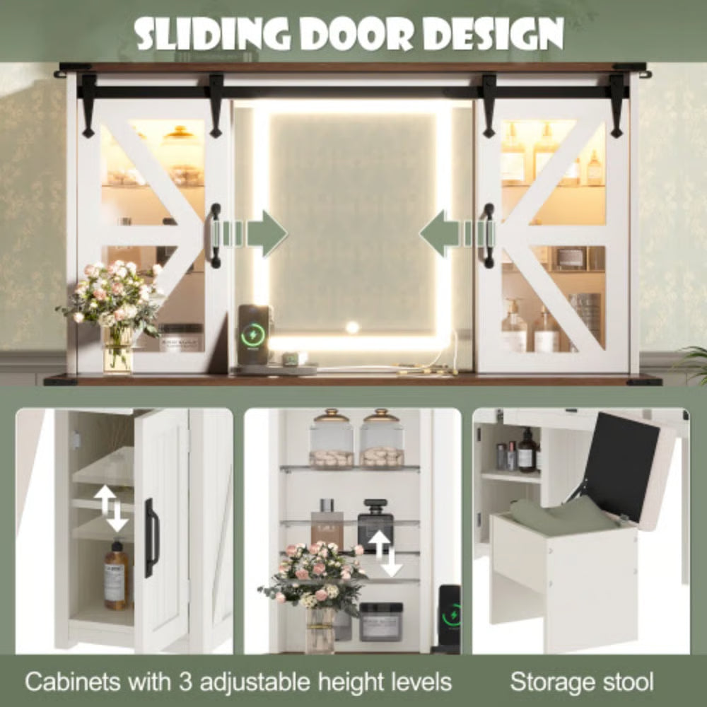 43.3" Beige Farmhouse Makeup Vanity – LED Mirror, Storage Stool & Charging Port