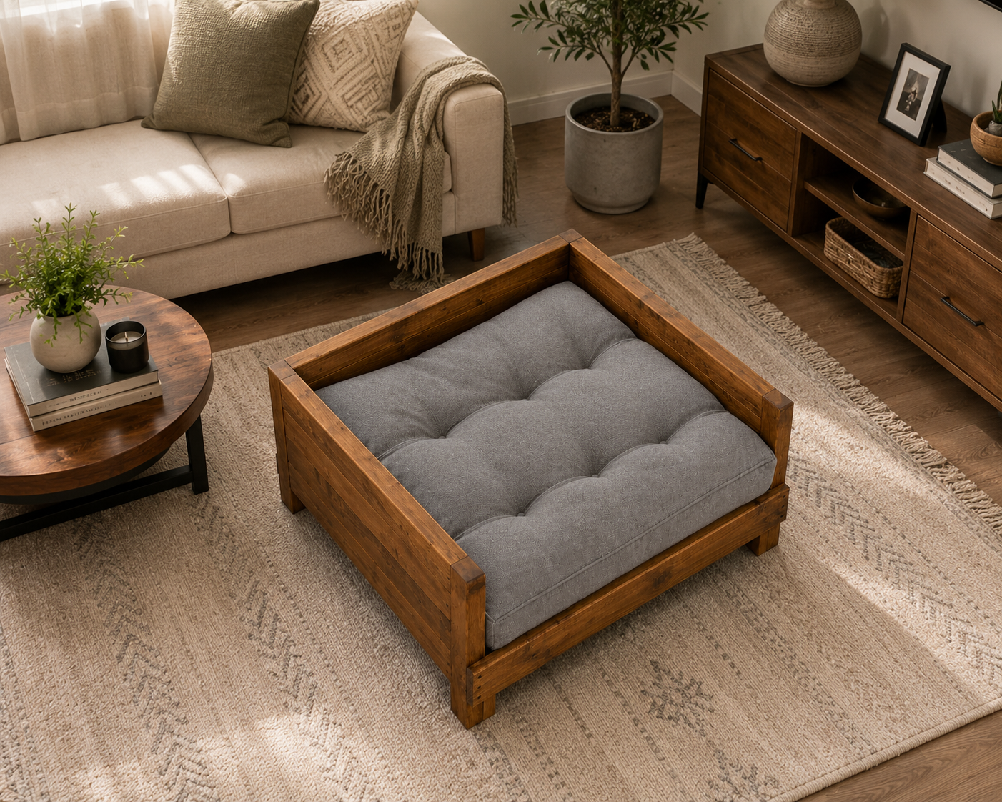 Solid Wood Dog Bed with Plush Cushion | Luxury Elevated Wooden Pet Sofa for Small & Medium Dogs OUCH CART