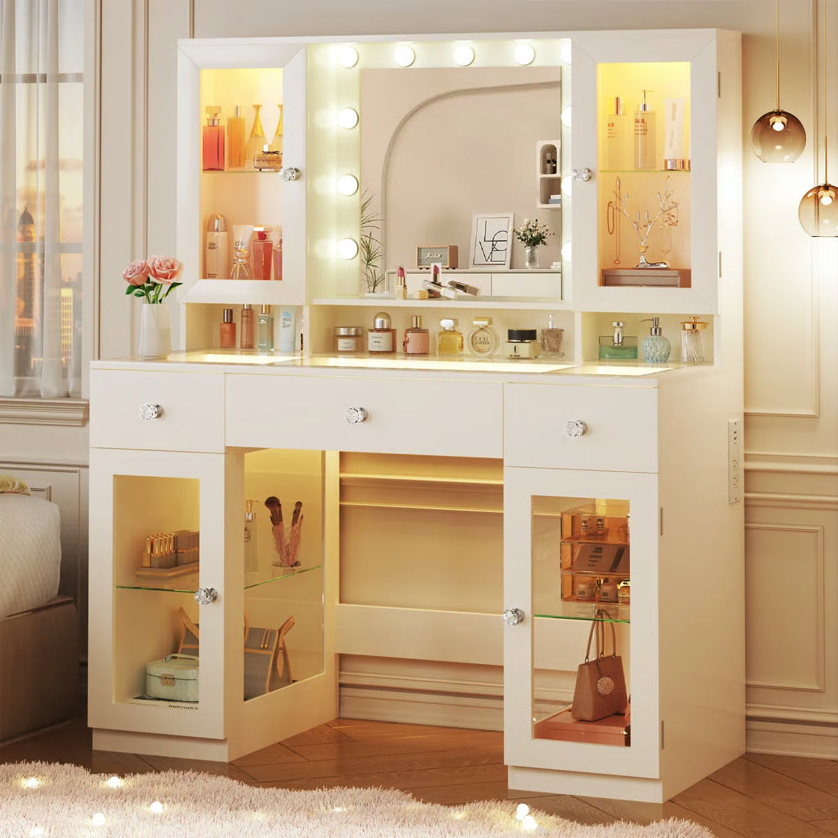 43" Makeup Vanity Desk with Glass Surface, Storage Cabinet, and Modern Design - OUCH CART | Dressing table