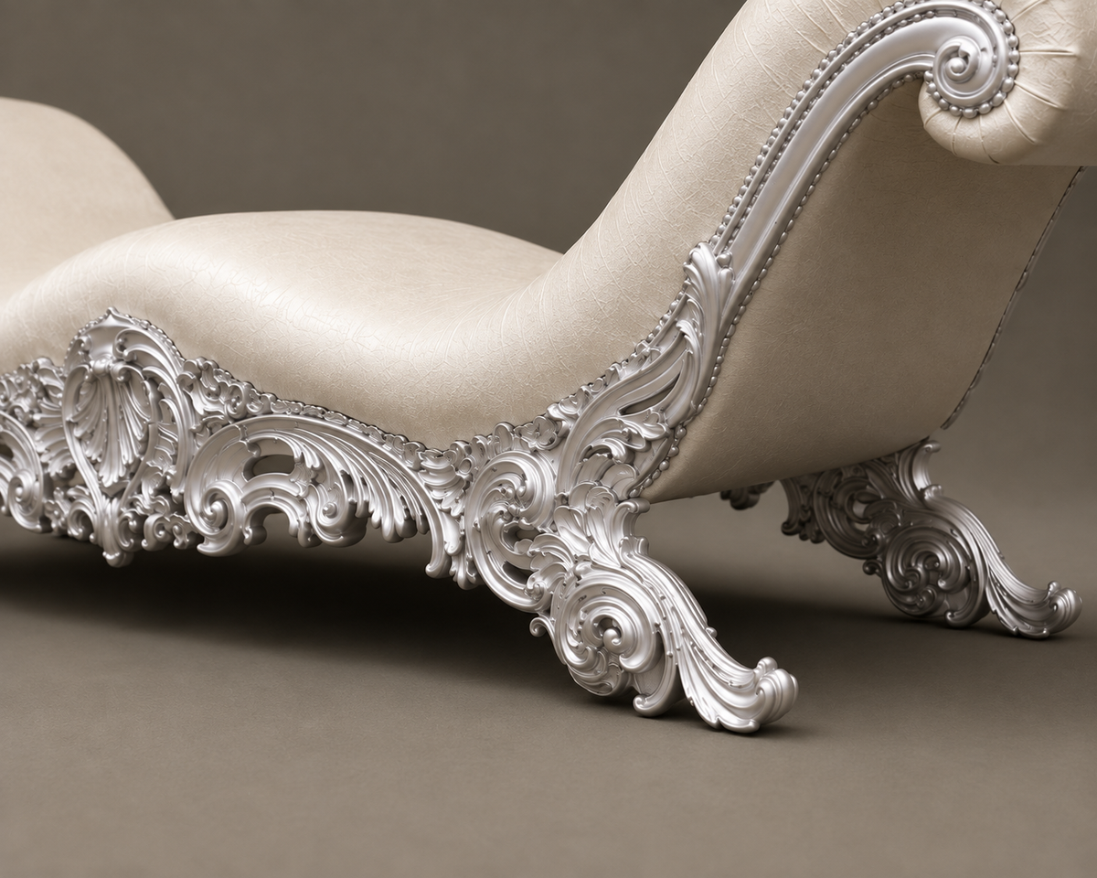 Luxury Ivory Chaise Lounge | Royal Rococo French Style Daybed with Ornate Carved Frame | Elegant Bedroom & Living Room Lounger Ouch Cart