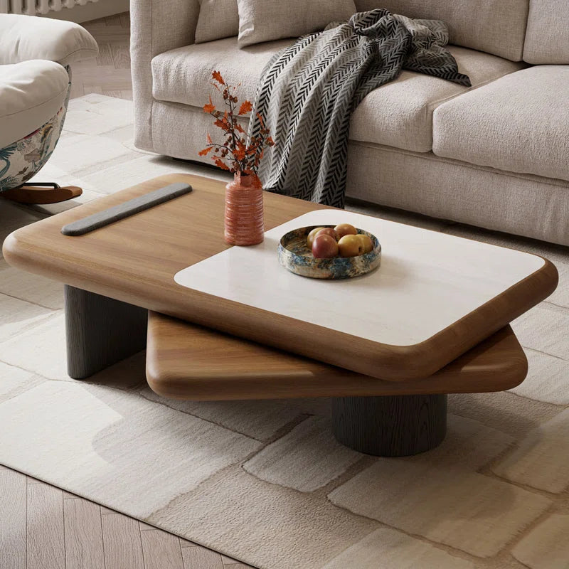 Modern Rotating Two-Tier Coffee Table with Faux Marble Top & Wooden Finish, Round Center Table for Living Room OUCH CART