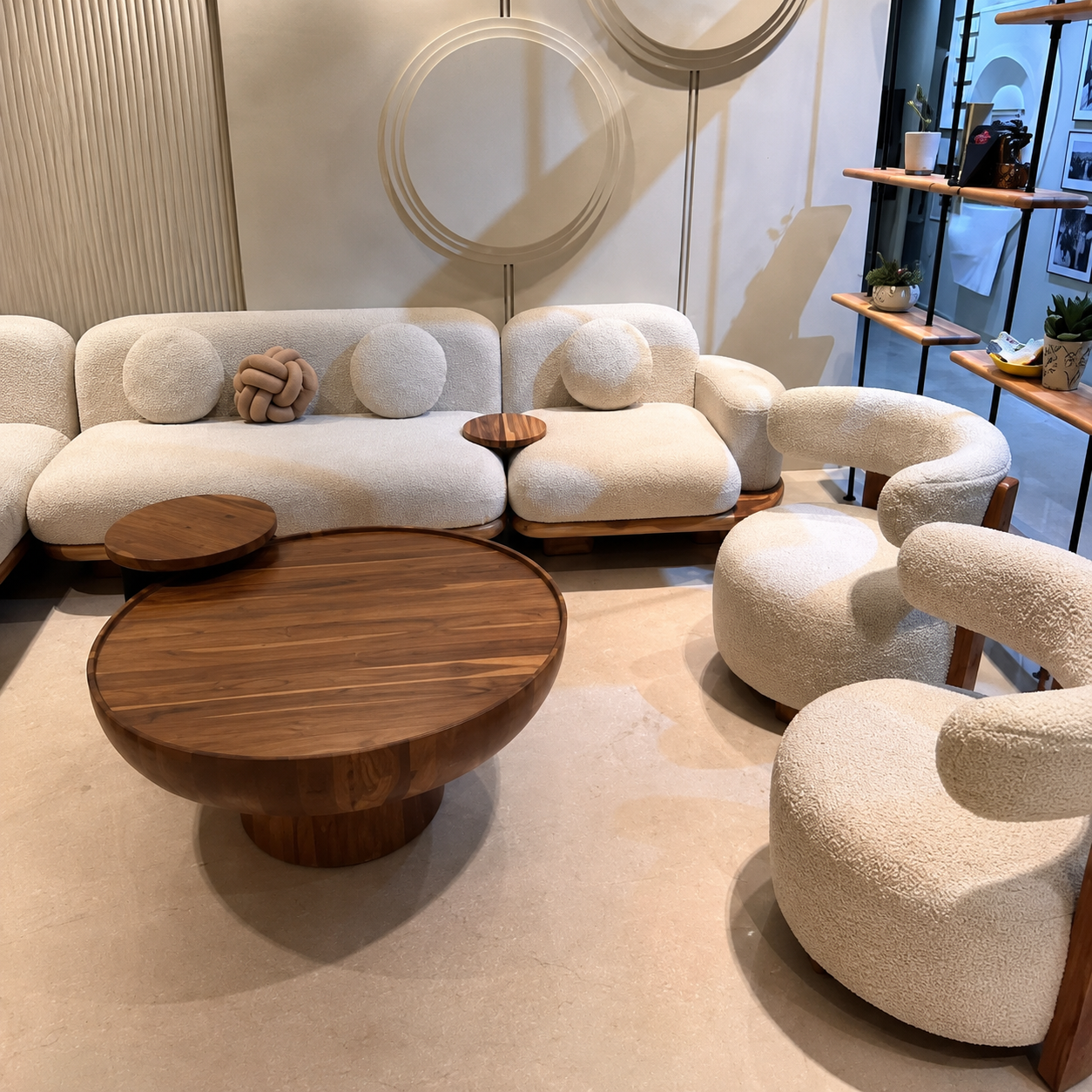 Luxury Curved Bouclé Sofa Set with 2 Accent Chairs & Wooden Coffee Table | Modern Designer Living Room Furniture Set