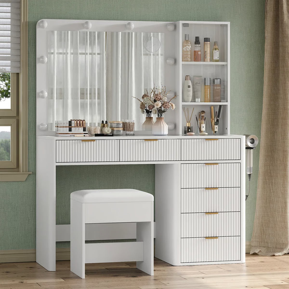 47" Makeup Vanity Desk with Fluted Design – 10 LED Lights, 3-Mode Adjustable Mirror, 7 Drawers & Power Outlet-OUCH CART |Dressing table