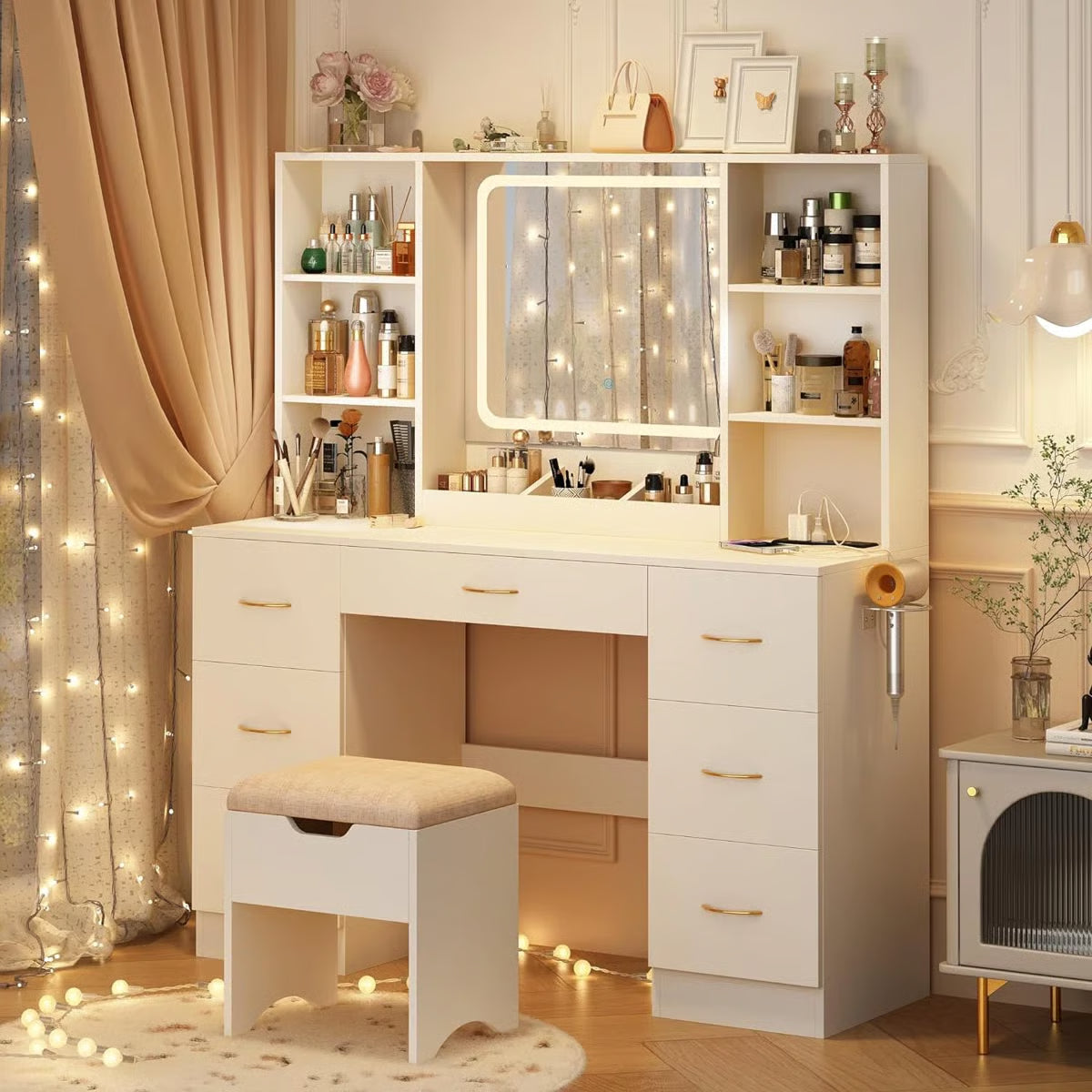 47" Lighted Makeup Vanity Table with LED Mirror, Drawers, Cabinets, Power Outlet, and Adjustable LED Modes