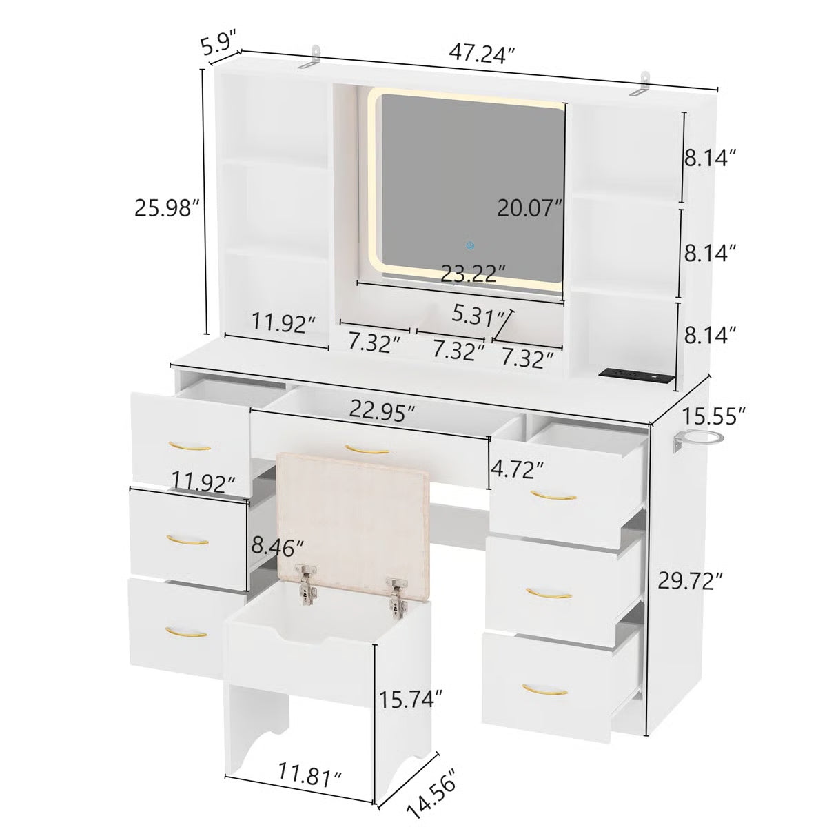 47" Lighted Makeup Vanity Table with LED Mirror, Drawers, Cabinets, Power Outlet, and Adjustable LED Modes