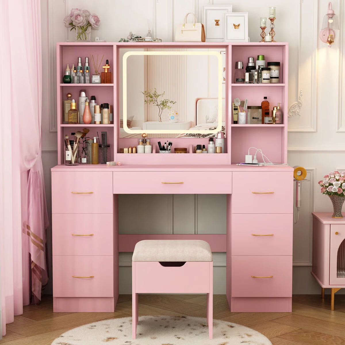 47" Lighted Makeup Vanity Table with LED Mirror, Drawers, Cabinets, Power Outlet, and Adjustable LED Modes