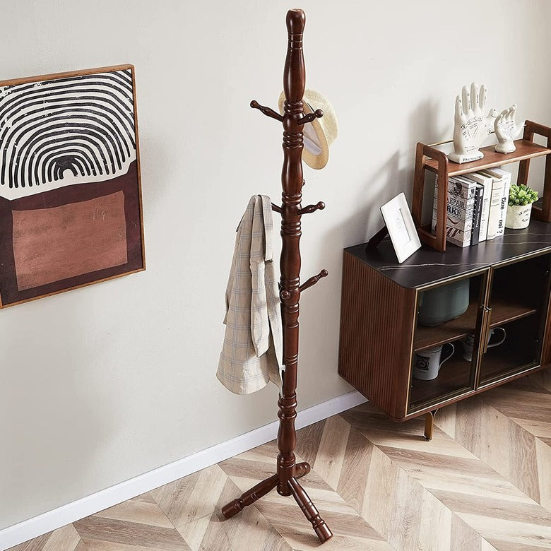 Ouch Cart Wooden Coat Stand | Freestanding Solid Wood Clothes Hanger with Multiple Hooks for Home