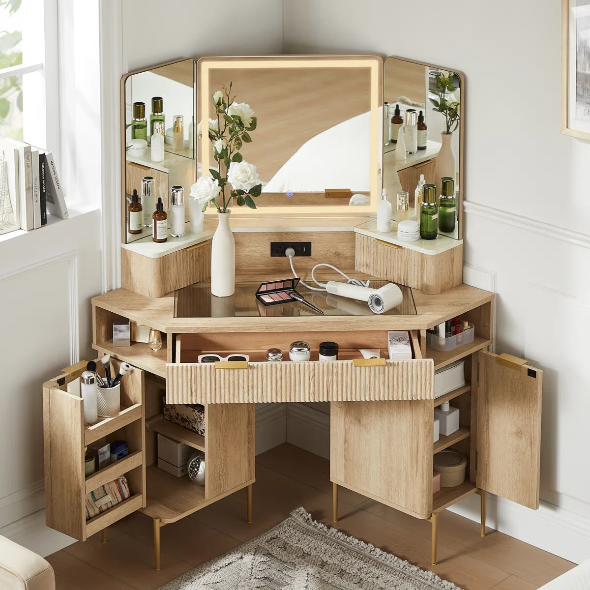 48" Corner Makeup Vanity With 3 Led Mirror- OUCH CART | Dressing table
