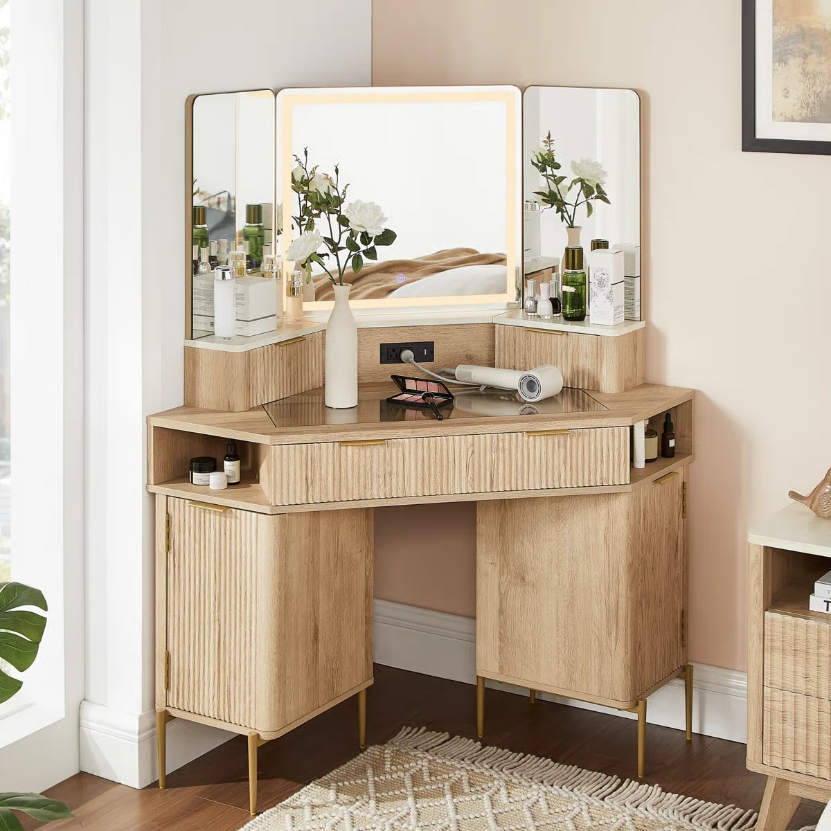 48" Corner Makeup Vanity With 3 Led Mirror- OUCH CART | Dressing table