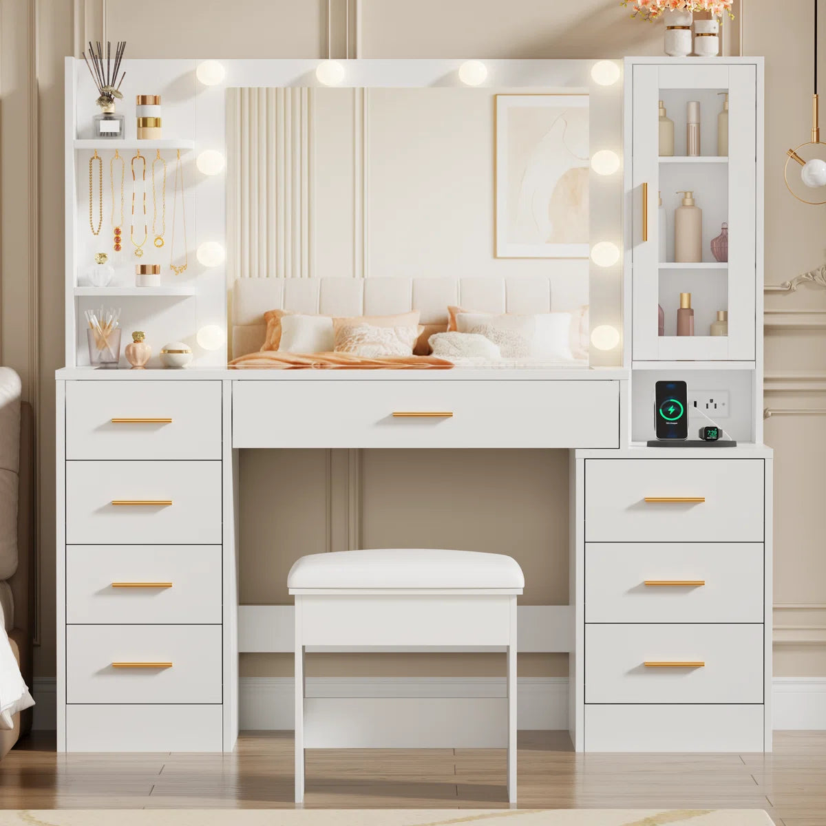 49.2" Makeup Vanity Desk with 8 Drawers, Glass Surface, and Built-In Charging Outlet-OUCH CART | Dressing table