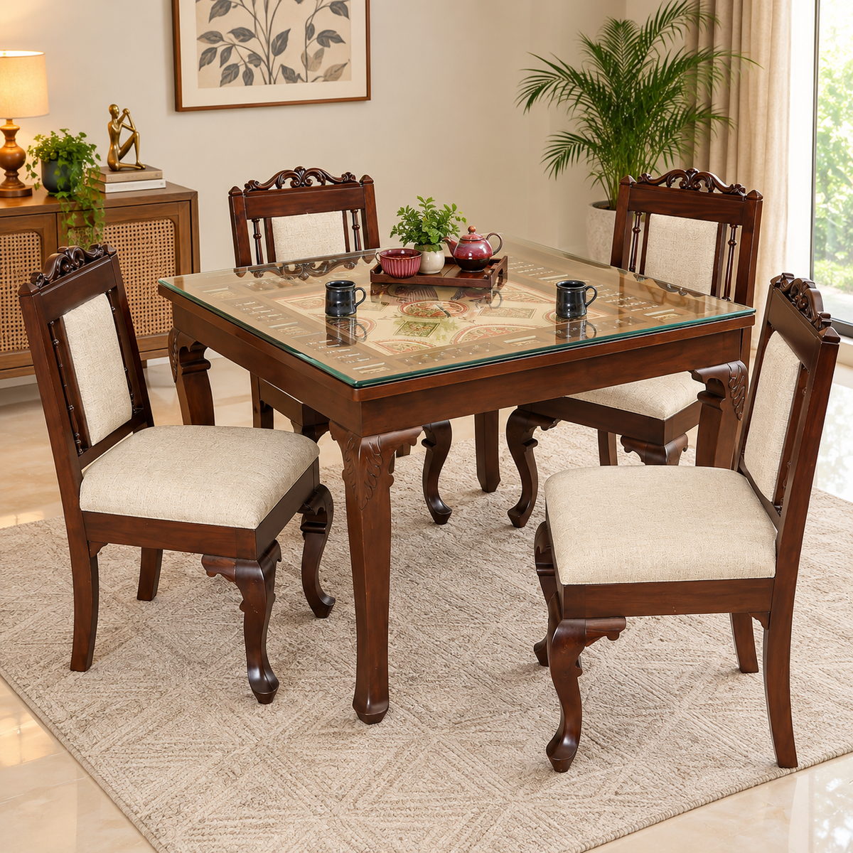 4 Seater Traditional Wooden Dining Table Set with Chairs | Glass Top Dining Table with Upholstered Seats OUCH CART