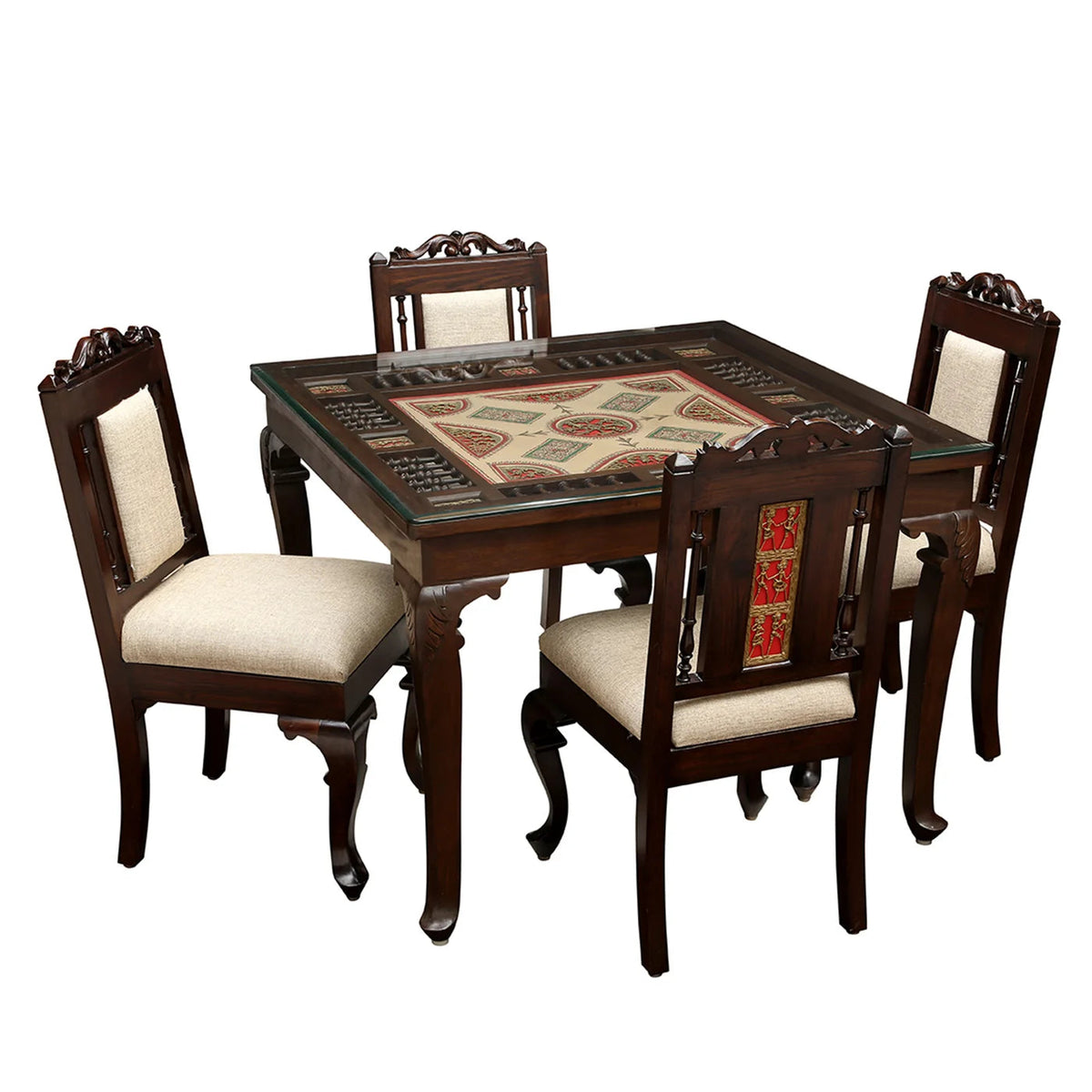 4 Seater Traditional Wooden Dining Table Set with Chairs | Glass Top Dining Table with Upholstered Seats OUCH CART