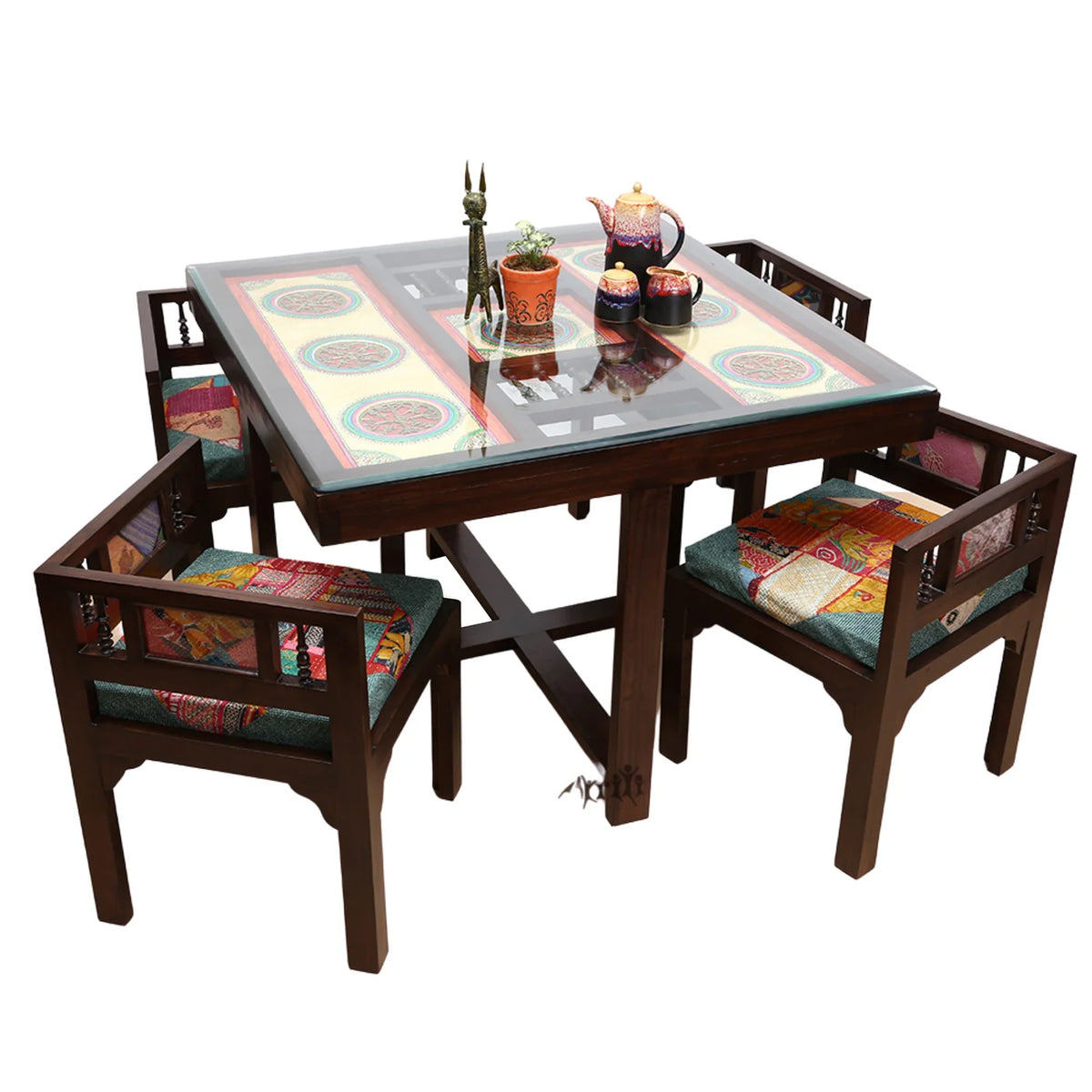 4 Seater Wooden Dining Table Set with Chairs | Glass Top Dining Table with Colorful Upholstered Seating