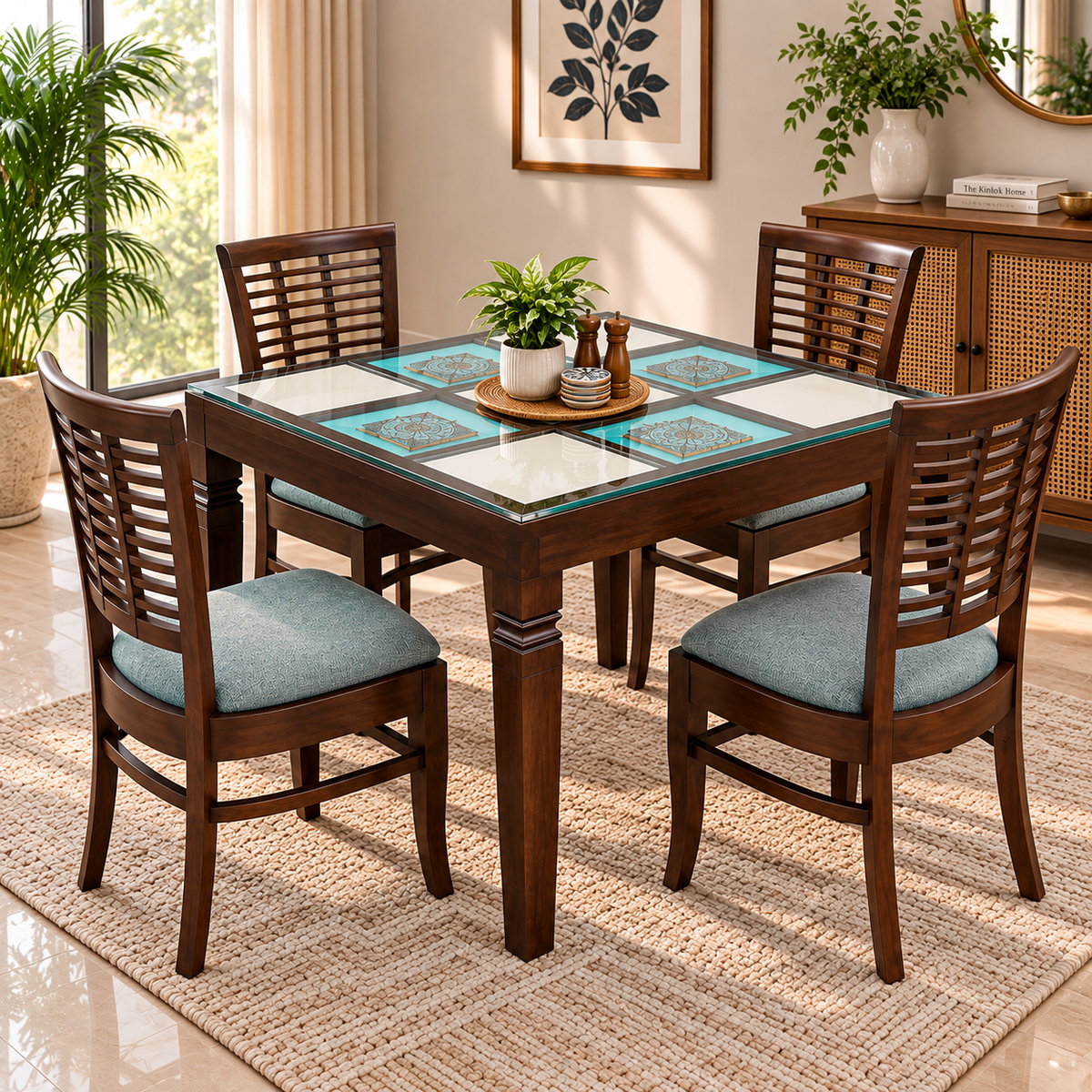 4 Seater Wooden Dining Table Set with Chairs | Glass Top Dining Table with Teal Cushioned Chairs OUCH CART
