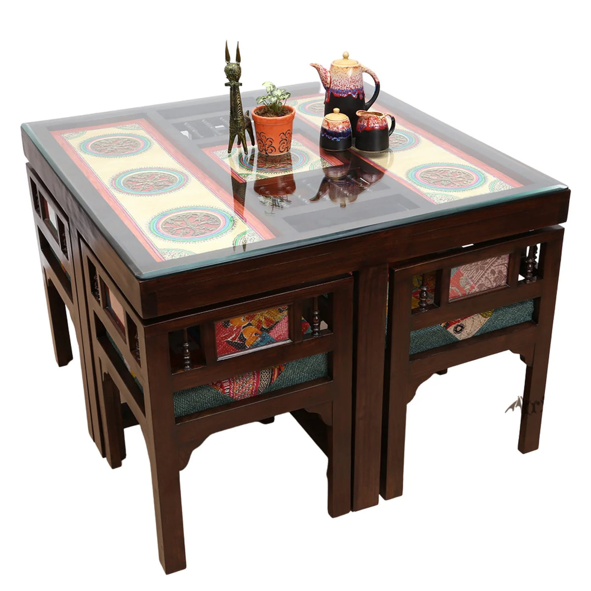 4 Seater Wooden Dining Table Set with Chairs | Glass Top Dining Table with Colorful Upholstered Seating