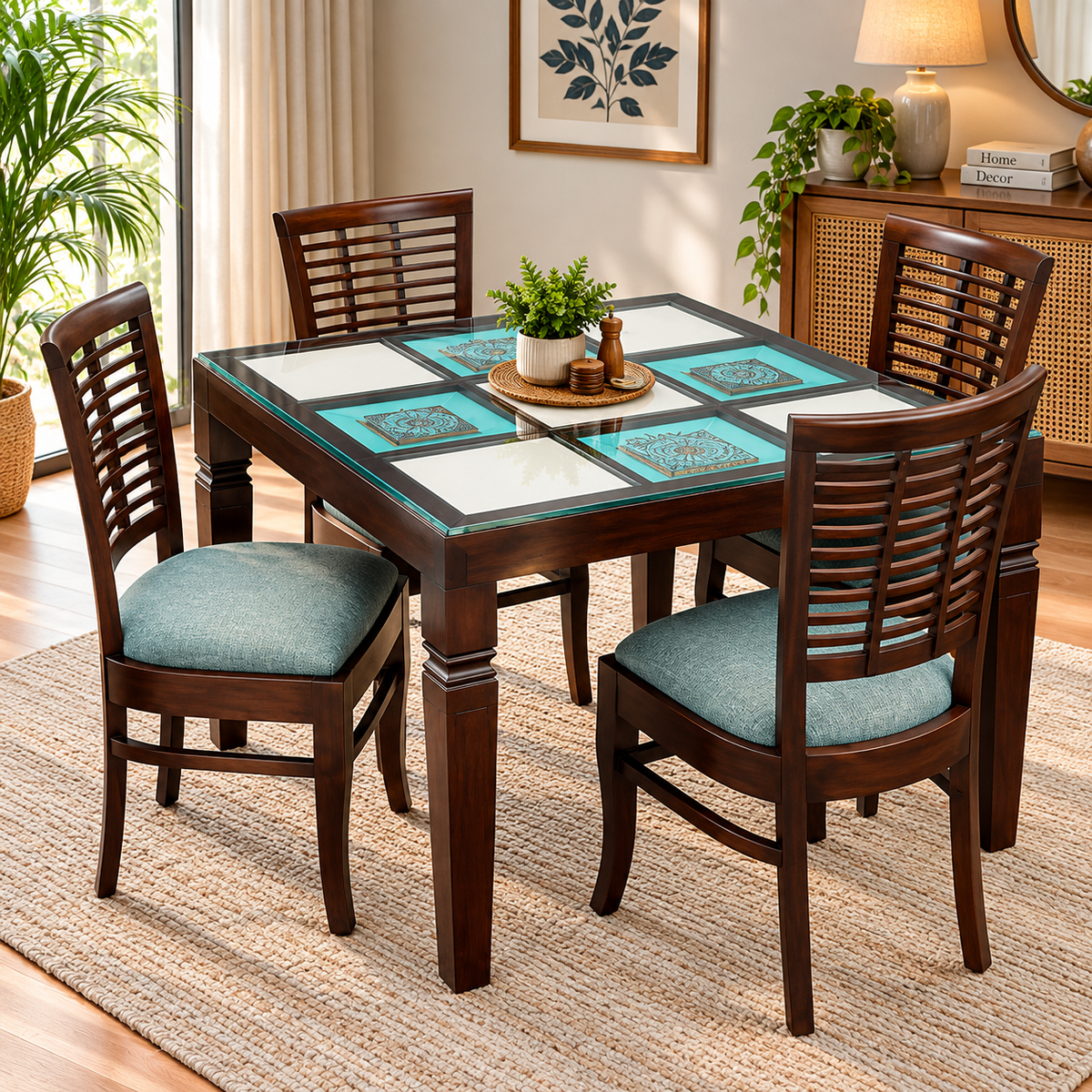 4 Seater Wooden Dining Table Set with Chairs | Glass Top Dining Table with Teal Cushioned Chairs OUCH CART