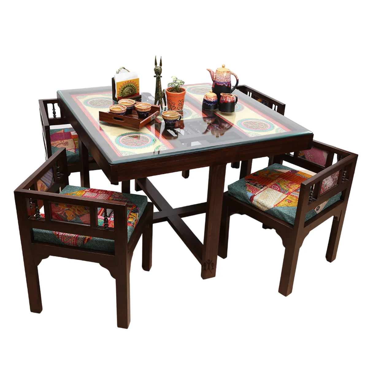 4 Seater Wooden Dining Table Set with Chairs | Glass Top Dining Table with Colorful Upholstered Seating