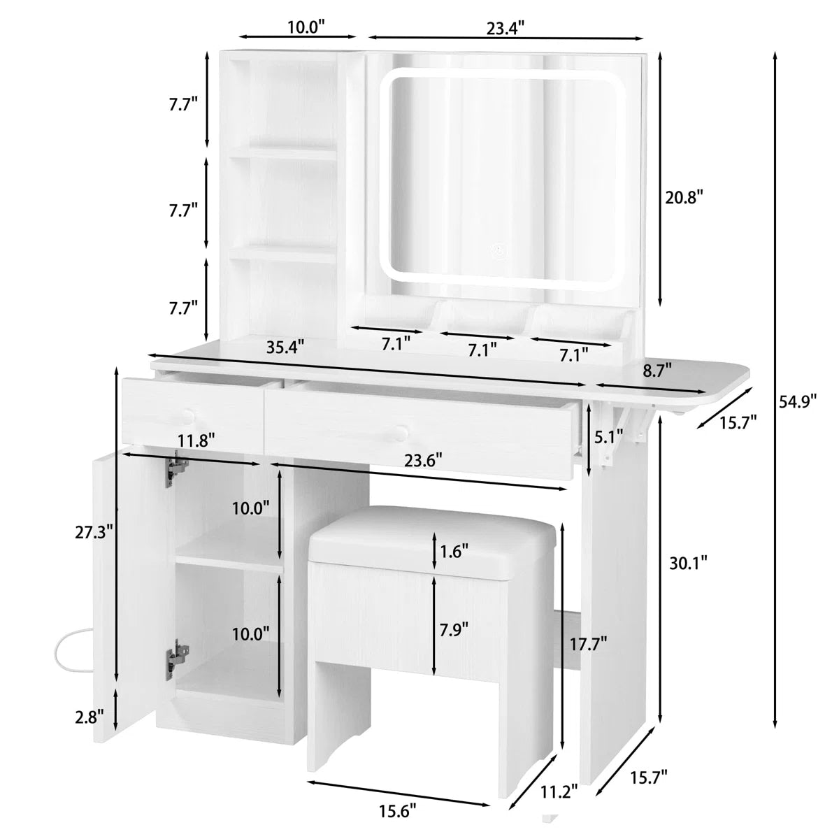 Vanity Desk with LED Lighted Mirror, Power Outlet, 2 Drawers, 3 Cubbies & Bookcase Storage for Bedroom