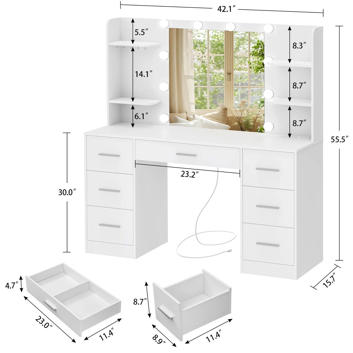 Camyla Large Makeup Vanity Table with LED Mirror, 7 Drawers, 4 Storage Shelves, Jewelry Hooks & Power Outlet-OUCH CART | dressing tables