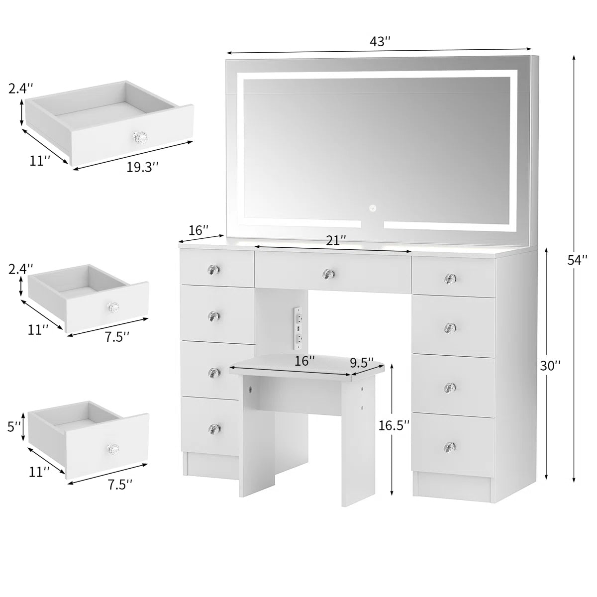 Greyden Lighted Vanity Set with LED Mirror, Diamond Handles on 9 Drawers, and Built-In Power Outlet