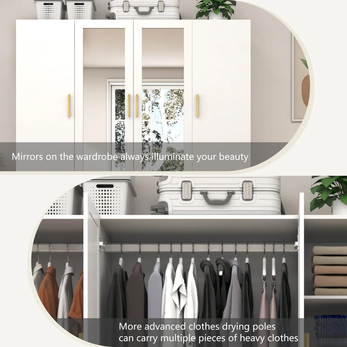 Elegant 4-Door Armoire Wardrobe Closet Mirror LED Light Drawers and Hanging Rod