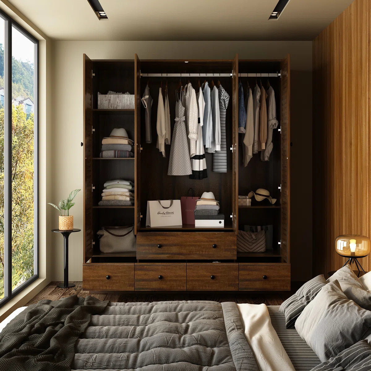 Ardit 59” White Freestanding Wardrobe Closet with Louvered Doors, Drawers, Shelves and Hanging Space