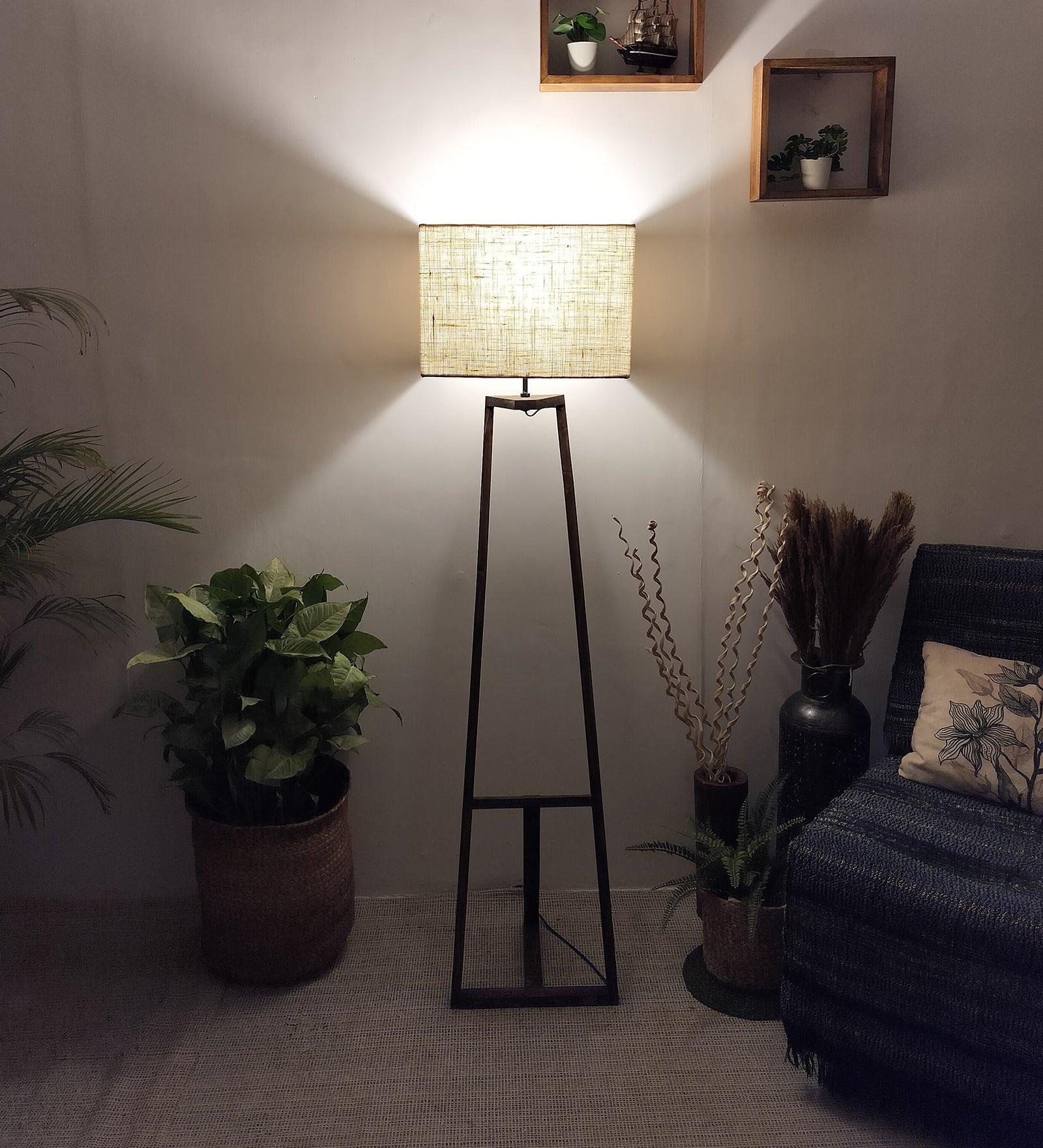 Angular Wooden Floor Lamp with Brown Base and Premium Beige Fabric Lampshade (BULB NOT INCLUDED) - Ouch Cart