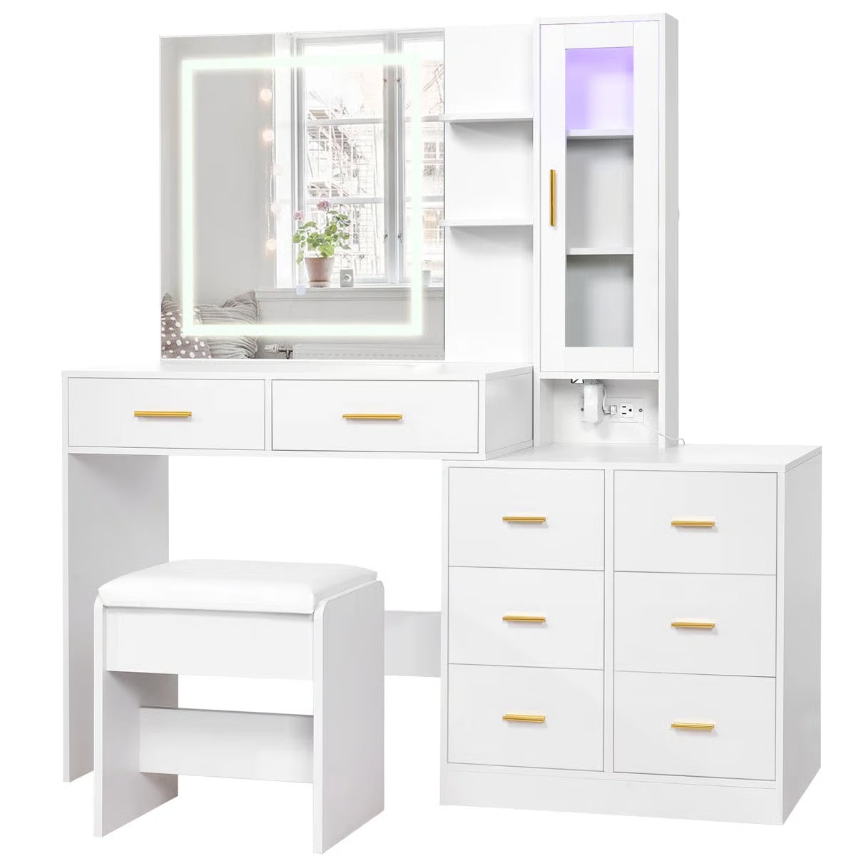 Adriel 51.8" Modern Makeup Vanity with Mirror, LED Lights, and RGB Cabinet Storage