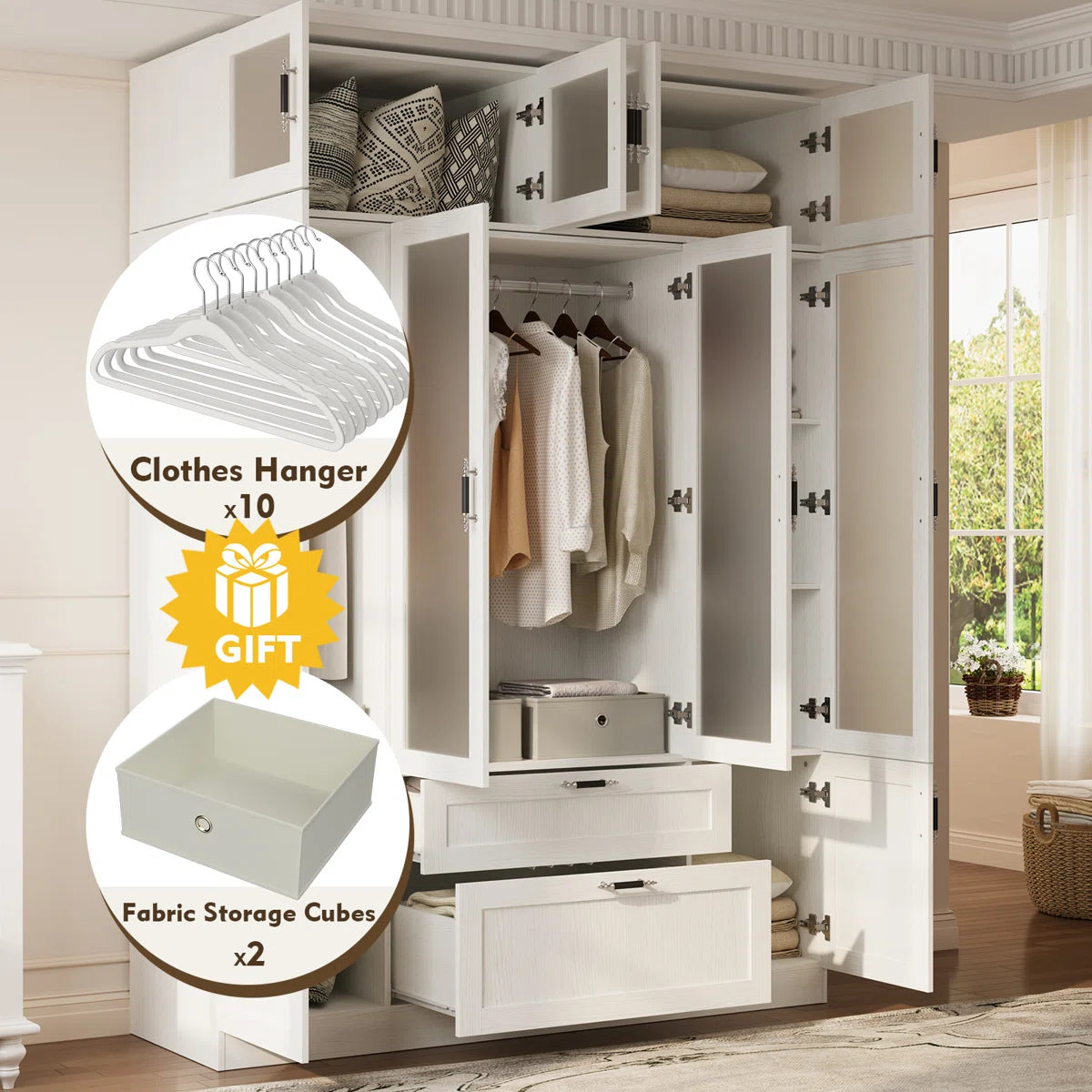 Meissalivve 6-Door Wardrobe Armoire With Frosted Glass Doors 2 Drawers Adjustable Shelves And Top Cabinets-OUCH CART | Wardrobe