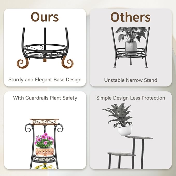 Ouch Cart 3 Tier Black Metal Plant Stand for Multiple Large Planters Indoor Outdoor Organizer, Heavy Duty Tall Flower Stand for Corner Patio Bathroom Office, Modern Sturdy Vertical Iron Rack