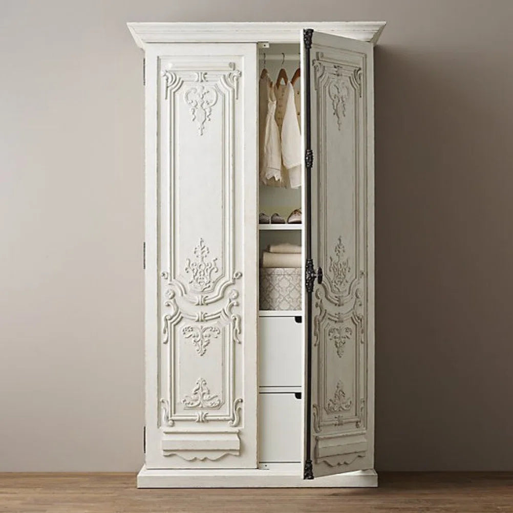 Vintage White Oak Wardrobe Large Storage Solid Wood Armoire-OUCH CART | Wardrobe