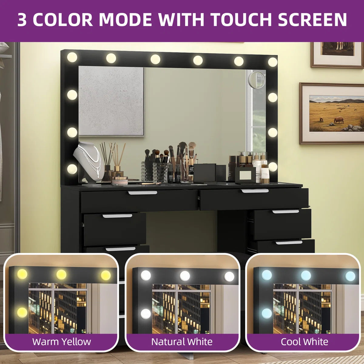 LED Makeup Vanity Desk with 3 Brightness Levels for Bedroom or Dressing Room