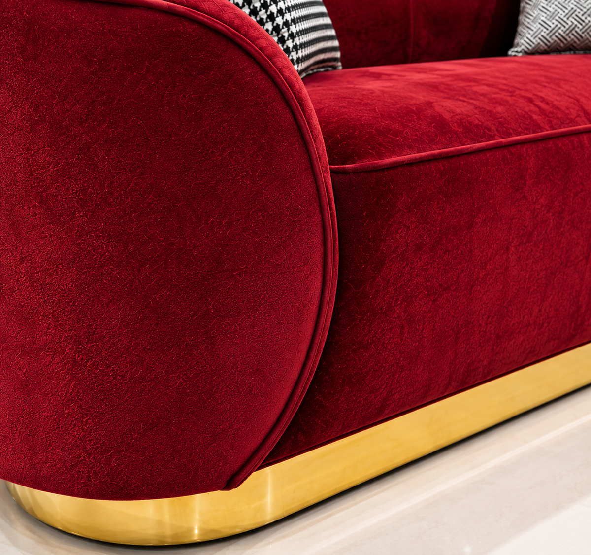 Ouch Cart Luxury Red Velvet Sofa | Modern 3-Seater Curved Sofa with Gold Base OUCH CART