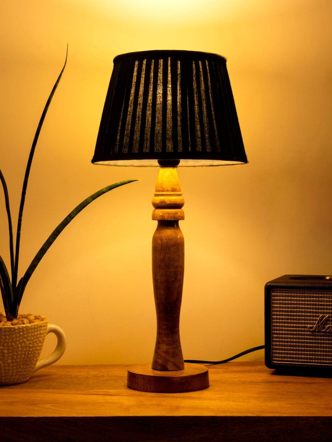 Wooden Round Brown Lamp with pleeted Black Taper soft Shade - Ouch Cart