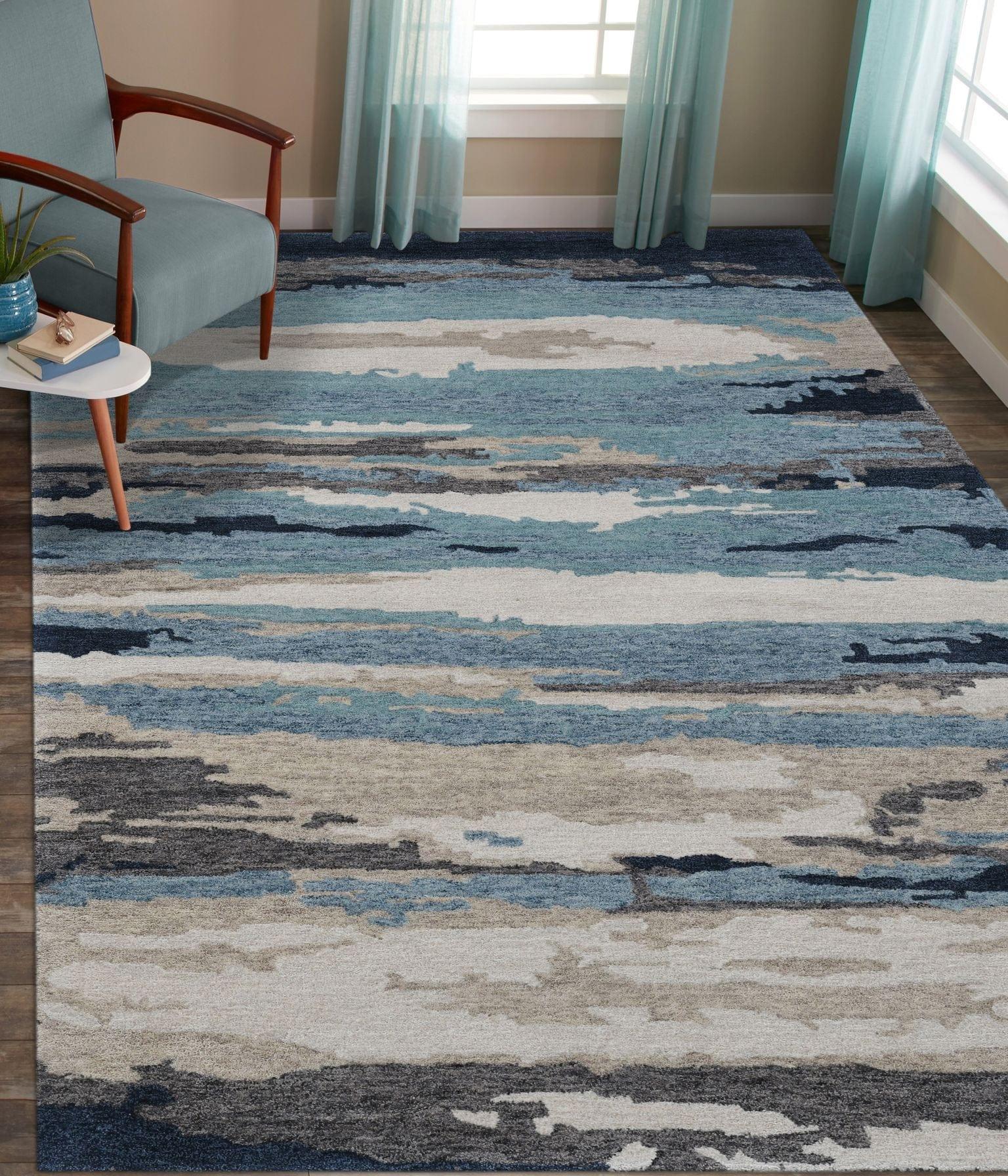 Abstract Blue Wool & Viscose Hand-Tufted Carpet Abstract Rug 8X10 Feet - Ouch Cart