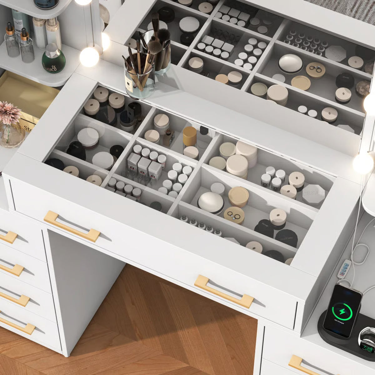 Tempered Glass Vanity Desk with LED Lights, Mirror, and Built-In Charging Station