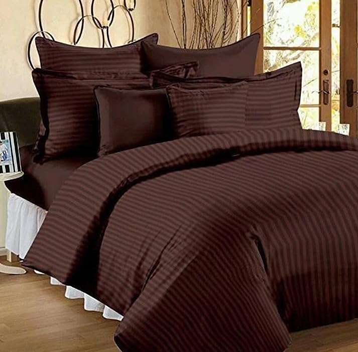 Brown Solid Striped Cotton Double King Bedsheet with 2 Pillow Covers | 90 x 100 Inches | 300 Thread Count | Superfine Soft & Breathable Flat Bedsheet for Home, Hotel OUCH CART