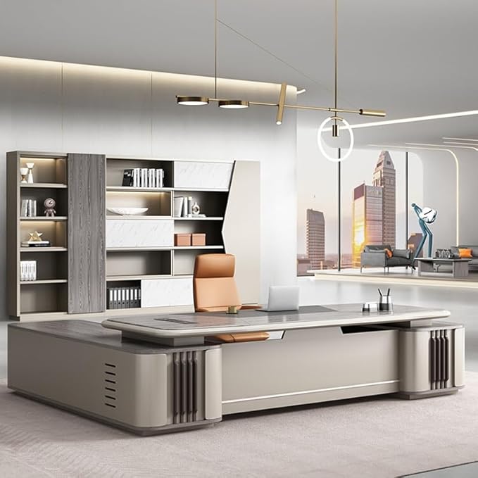at Modern L-Shaped Executive Office Desk with Storage Cabinet |