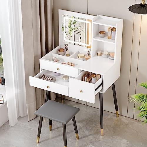 Elias White Vanity Set with 3 Color Touch Screen Dimming Mirror Flip Top Mirror and Cushioned Stool, Lights Vanity Mirror with Desk and Stool Makeup Vanity Table - Ouch Cart