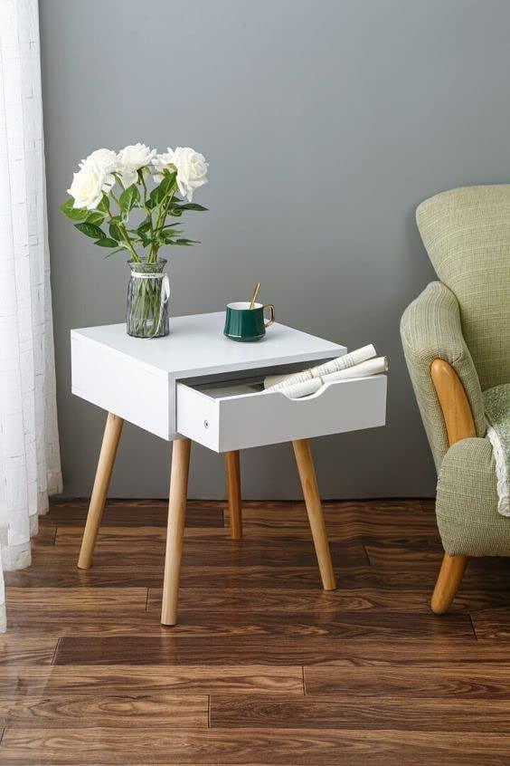 Nightstands End Side Table with Drawer and Solid Wood Legs, Bedside Table for Bedrooms, Mid-Century Modern Drawer Storage Cabinet for Living Room Furniture - Ouch Cart