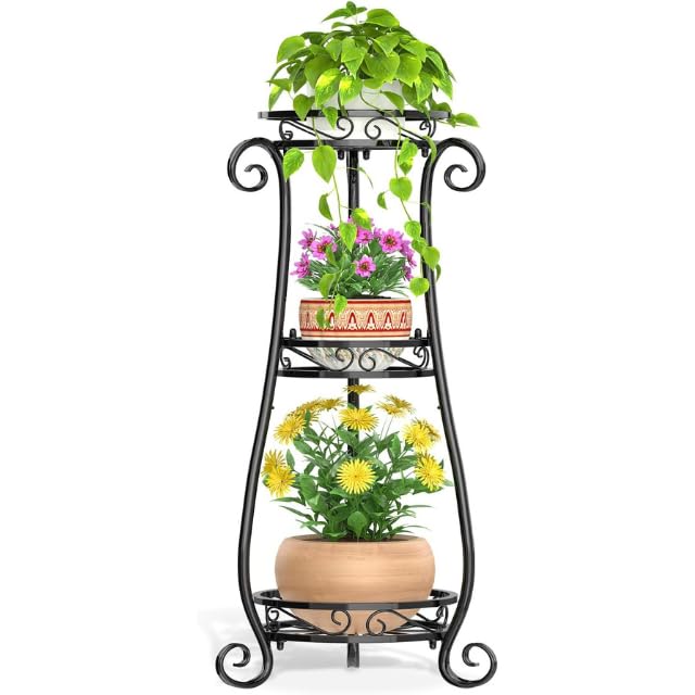 Ouch Cart 3 Tier Black Metal Plant Stand for Multiple Large Planters Indoor Outdoor Organizer, Heavy Duty Tall Flower Stand for Corner Patio Bathroom Office, Modern Sturdy Vertical Iron Rack Ouch Cart