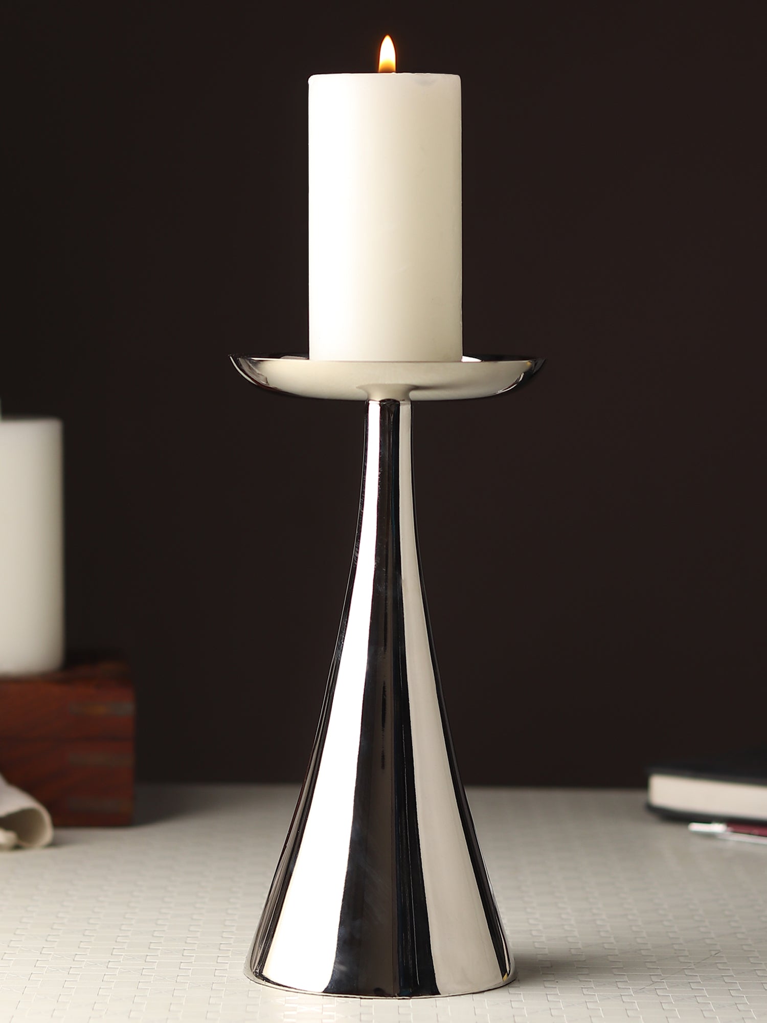 Aureus Tall Silver Pillar Candle Stand- OUCH ACRT