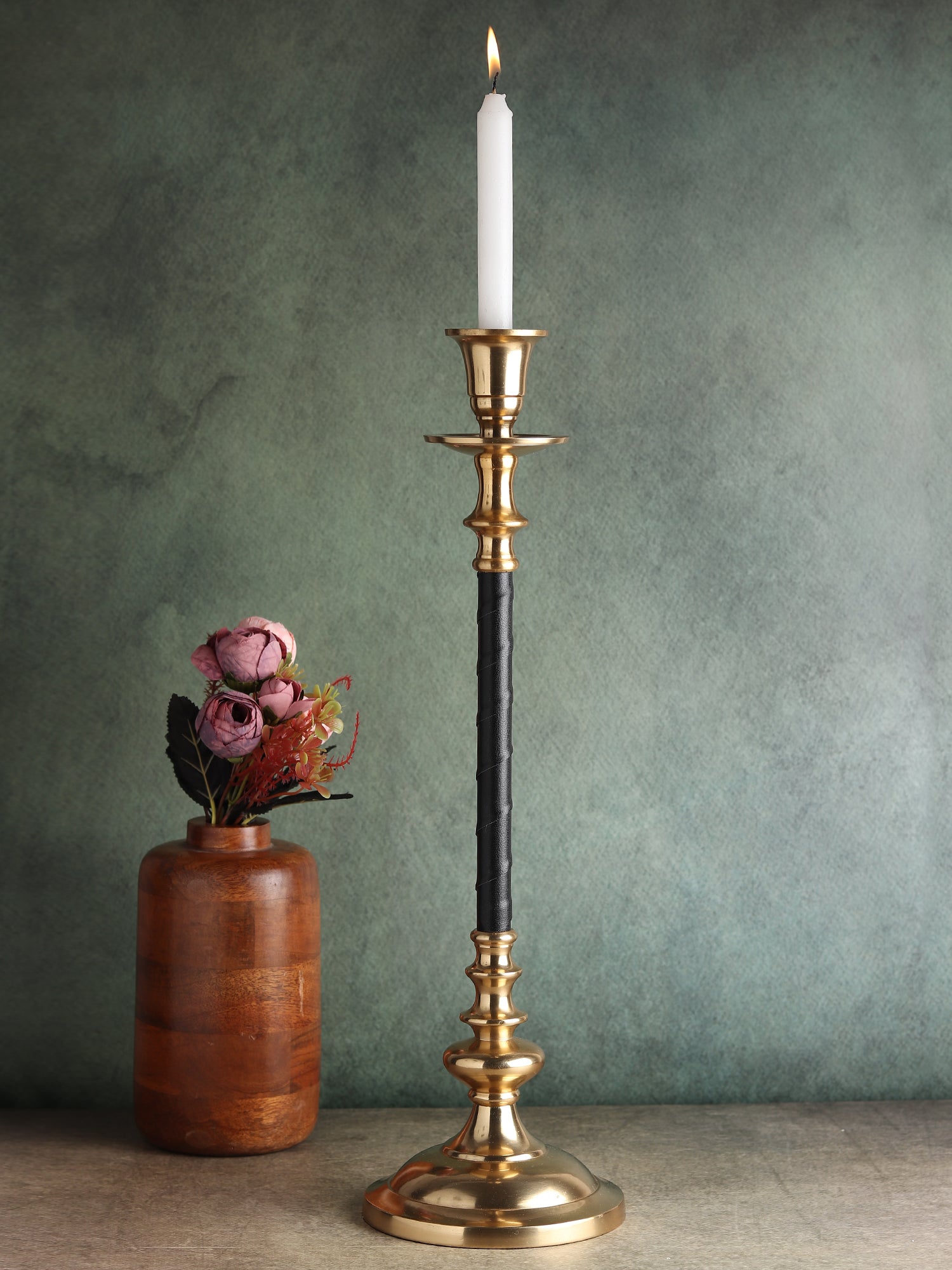 LeatherLuxe Candle holder in Brown Black Medium size M.M.I. OVERSEAS