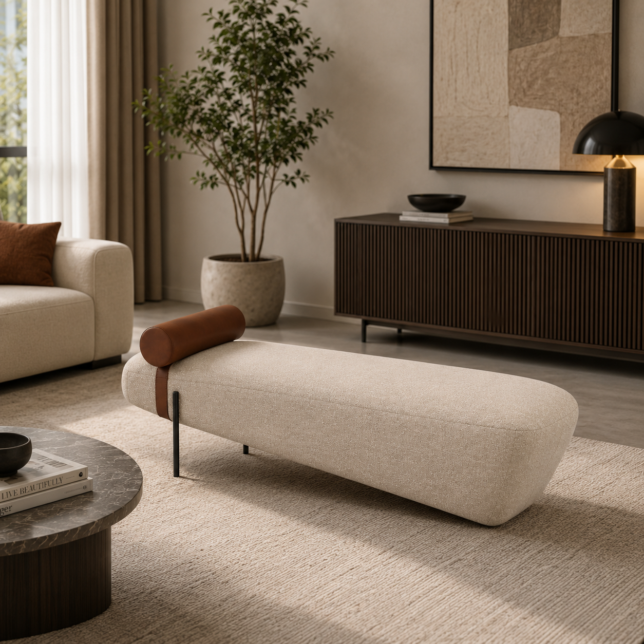 Modern Upholstered Bench with Leather Bolster Pillow | Luxury Bouclé Fabric Accent Bench