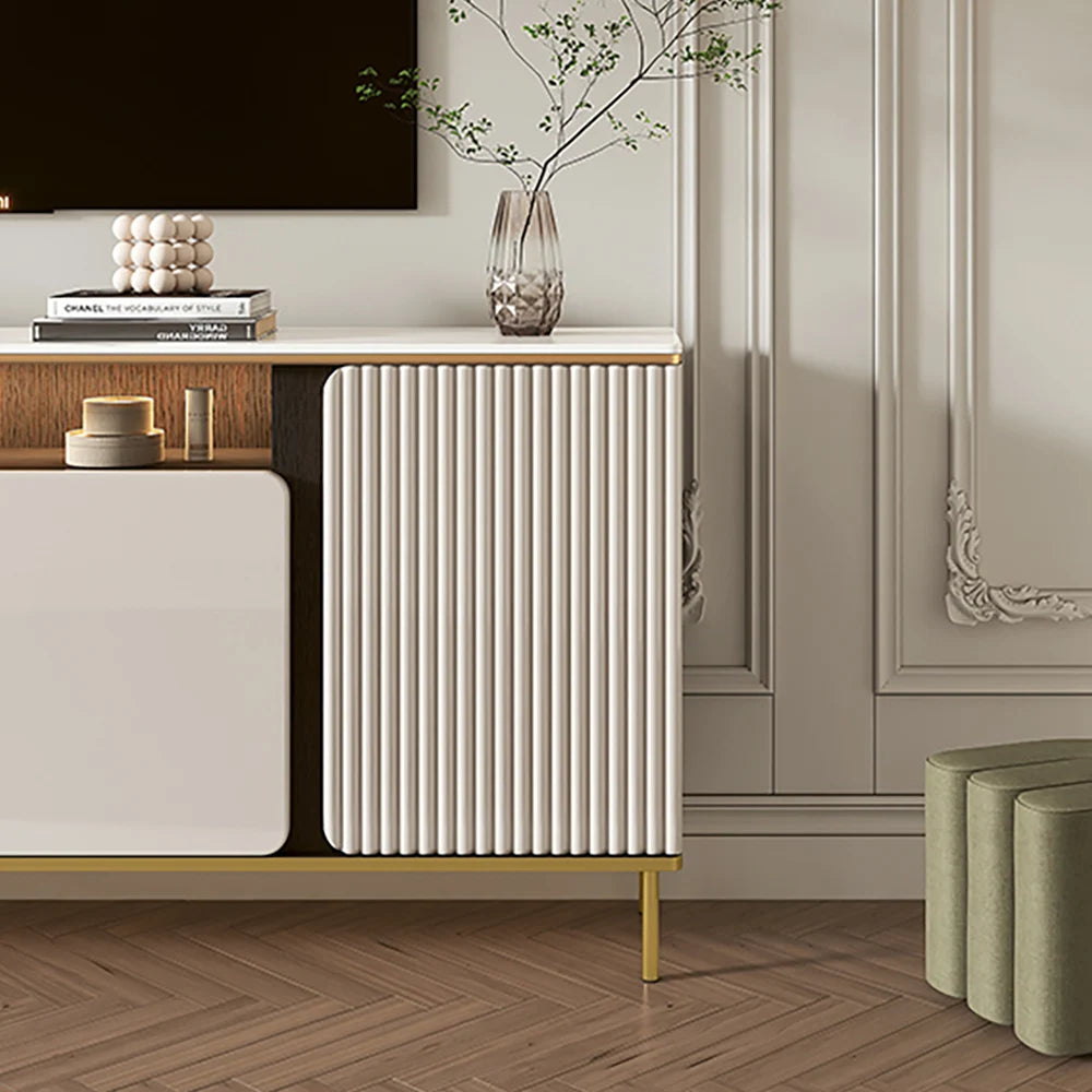 Modern Fluted TV Unit with Storage Cabinet & Shelves