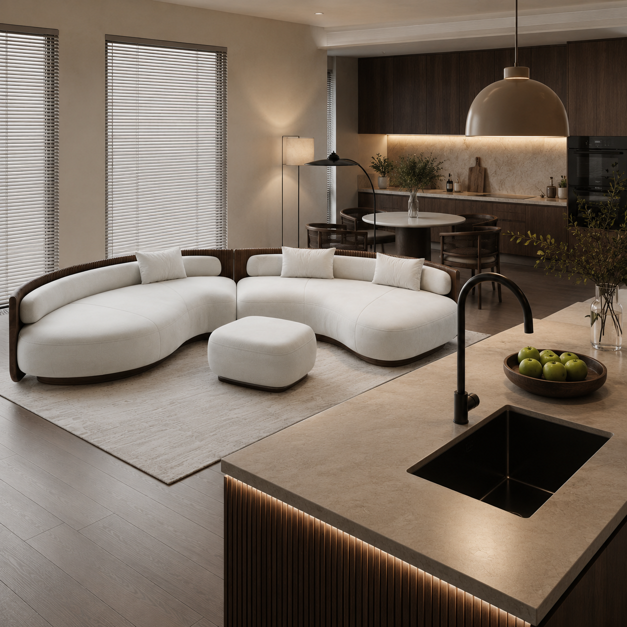 Modern Curved Sectional Sofa Set with Ottoman | Luxury Cream Upholstered Living Room Sofa