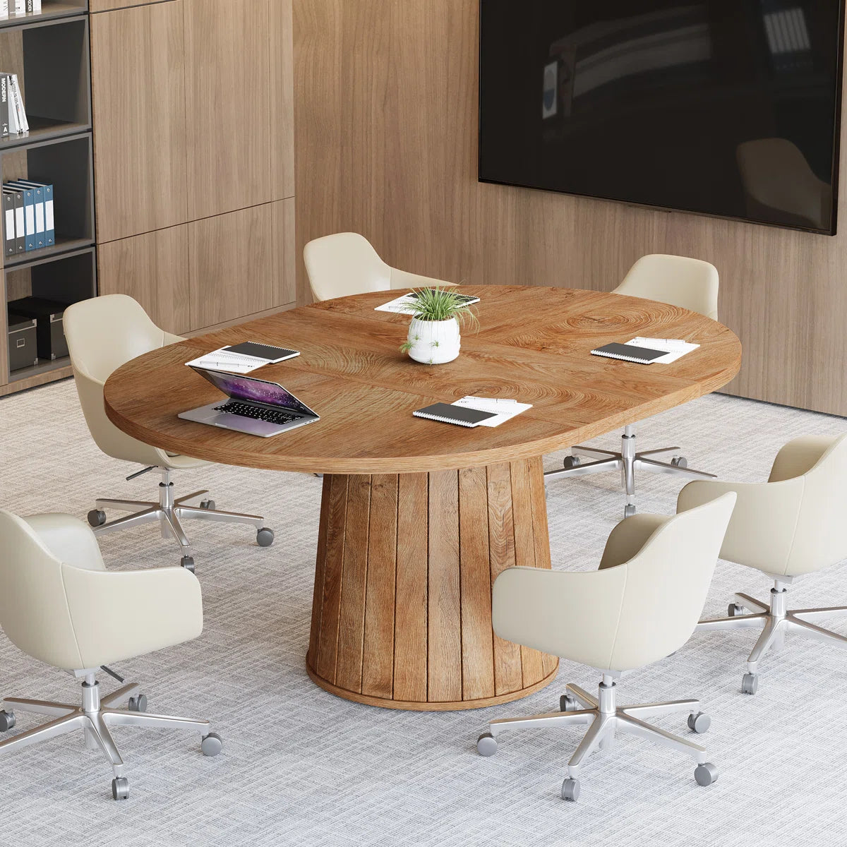 55" Oval Conference Meeting Table With Wood Base For 6 People- ouch cart