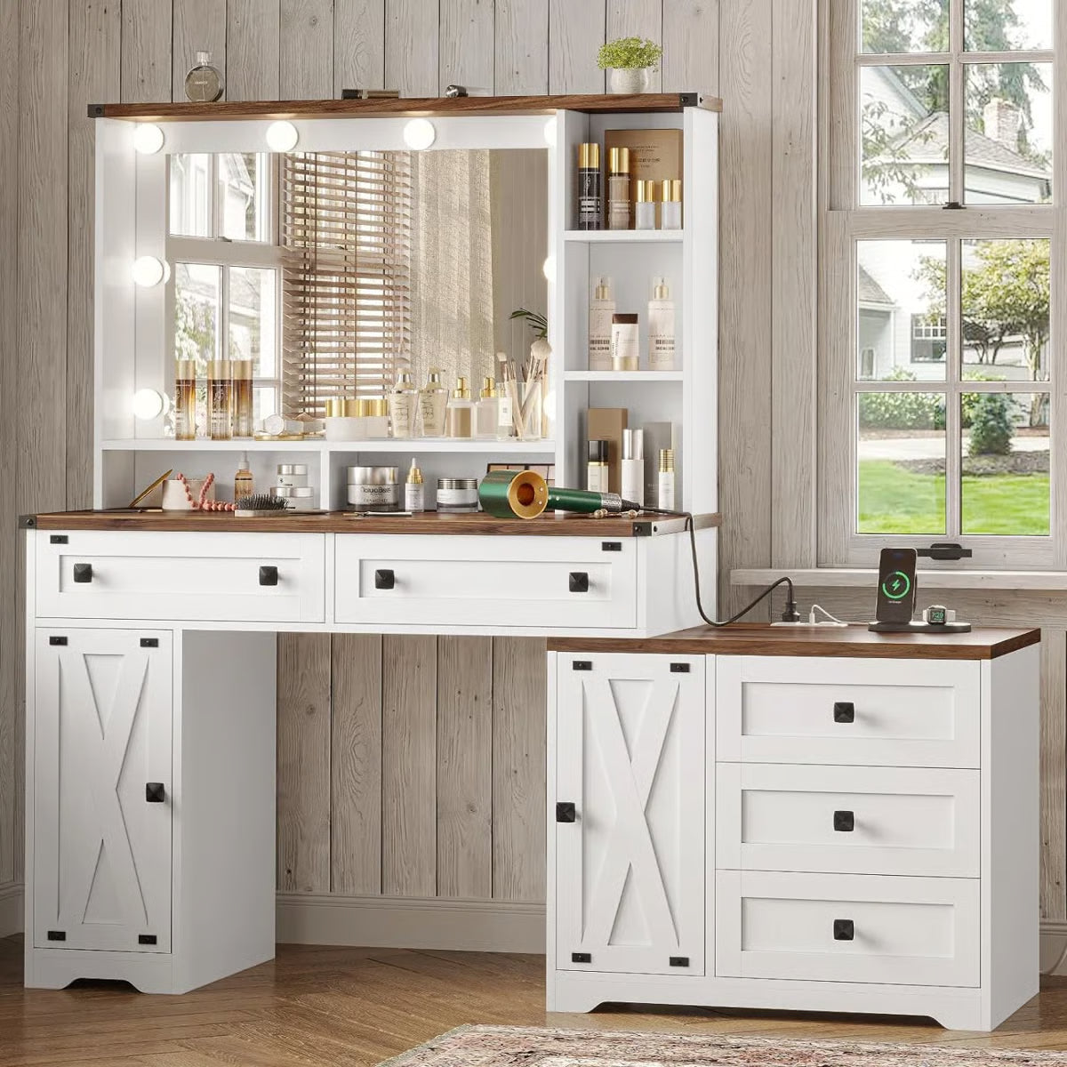 56.5" Makeup Vanity Desk with Hollywood LED Mirror, 5 Drawers, 2 Cabinets, Open Shelves and Charging Station-OUCH CART | Dressing table